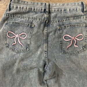 Women's Blue Jeans with Pink Bow Embroidery